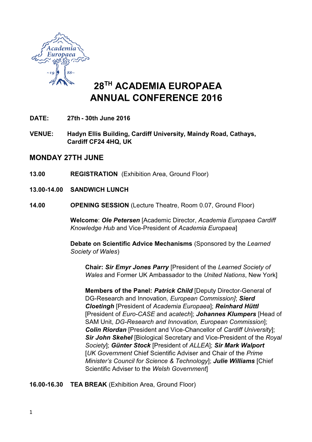 28Th Academia Europaea Annual Conference 2016