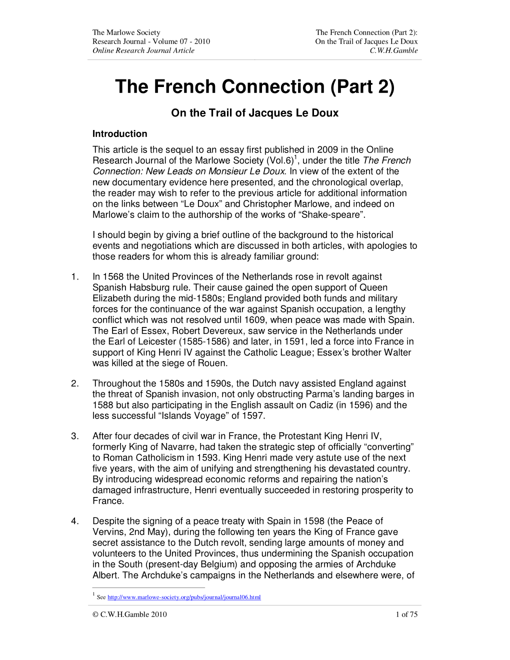 The French Connection (Part 2): Research Journal - Volume 07 - 2010 on the Trail of Jacques Le Doux Online Research Journal Article C.W.H.Gamble