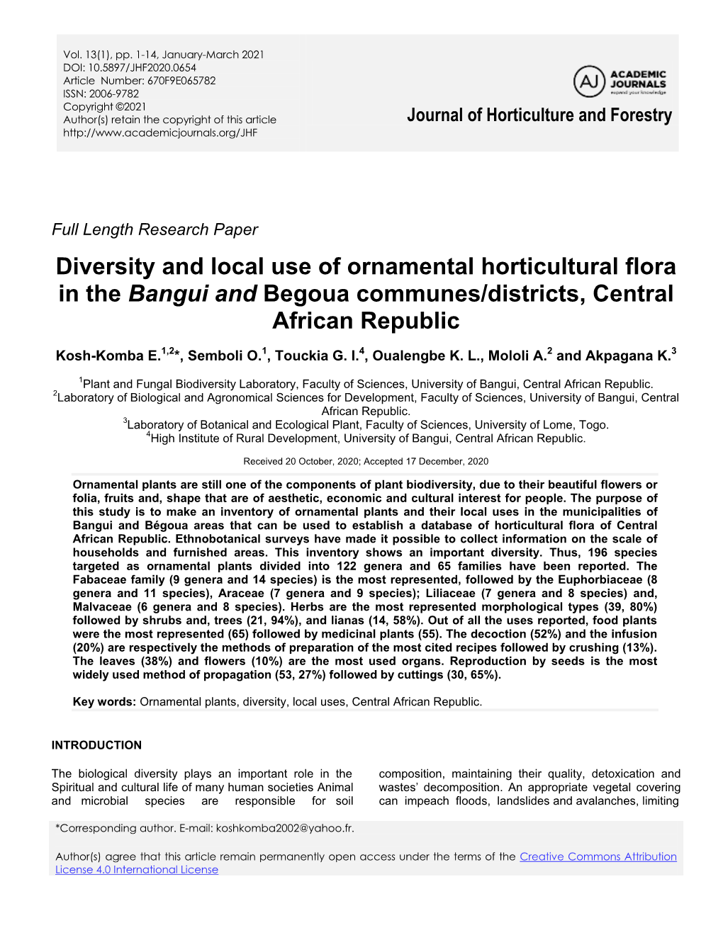 Diversity and Local Use of Ornamental Horticultural Flora in the Bangui and Begoua Communes/Districts, Central African Republic