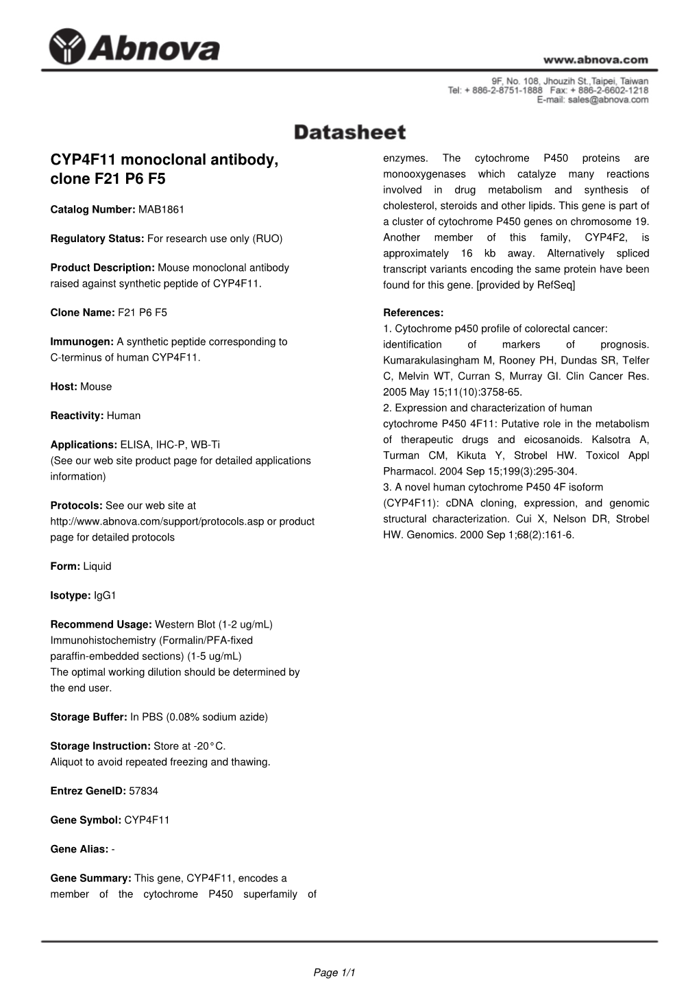CYP4F11 Monoclonal Antibody, Clone F21 P6 F5