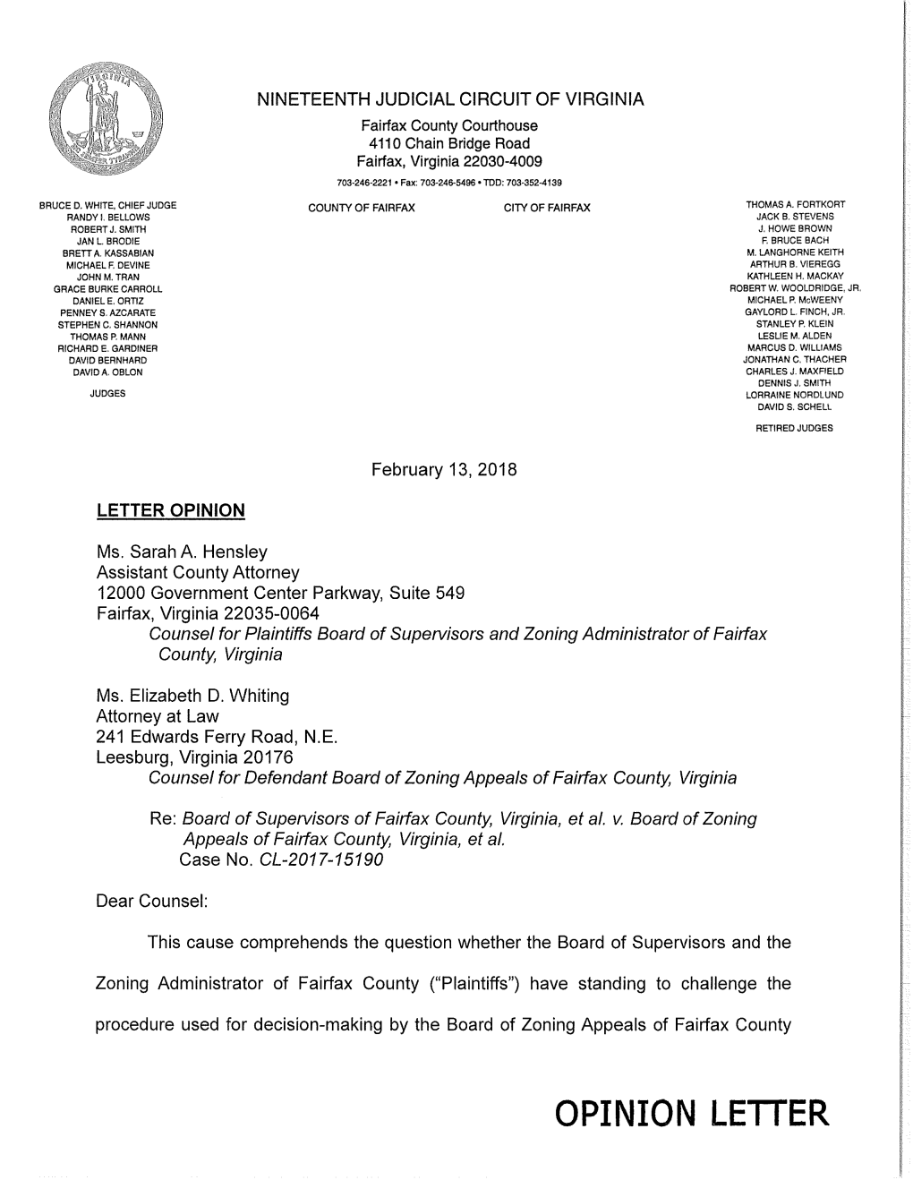 Cl-2017-15190 Board of Supervisors of Fairfax County Virginia Et Al V