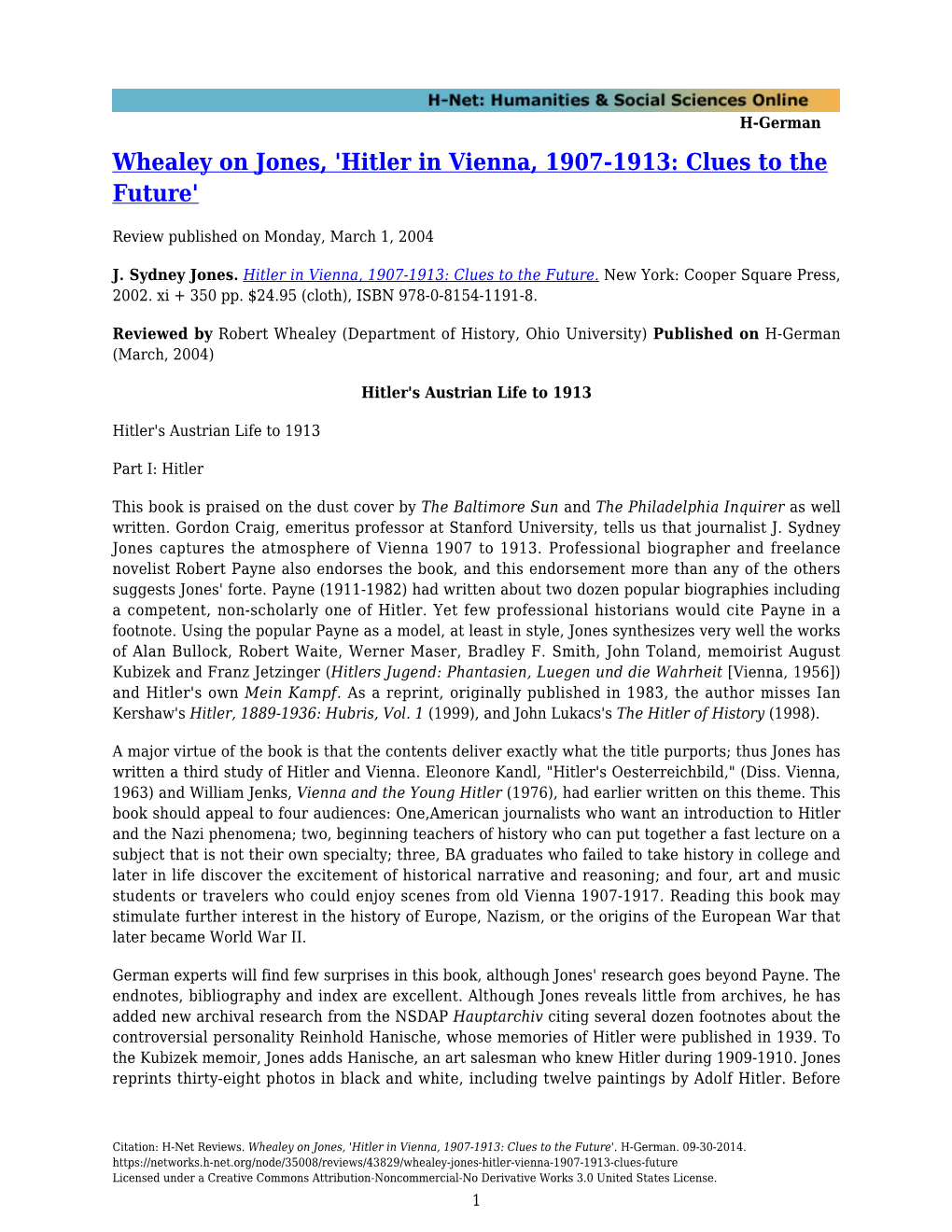 Whealey on Jones, 'Hitler in Vienna, 1907-1913: Clues to the Future'