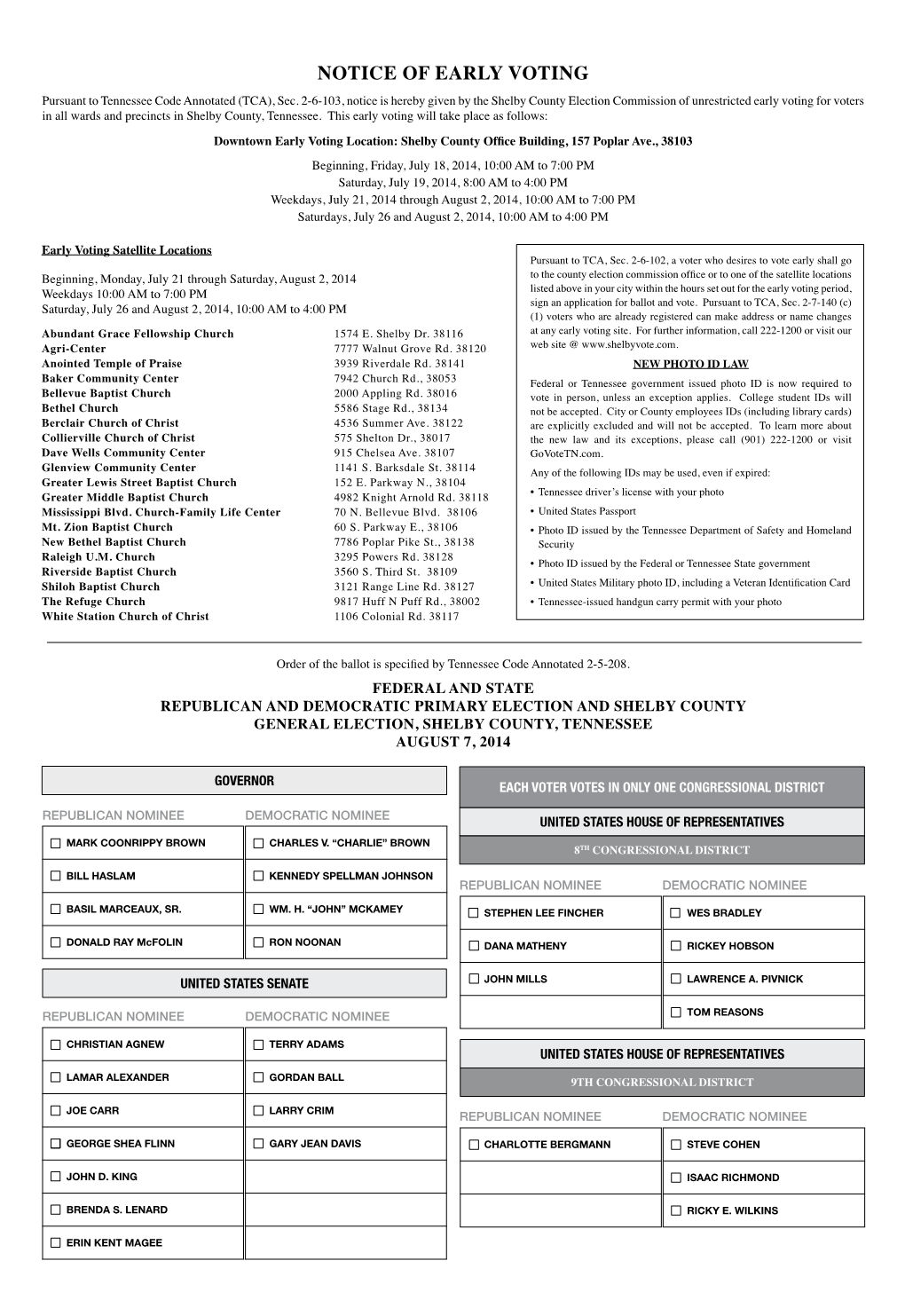 NOTICE of EARLY VOTING Pursuant to Tennessee Code Annotated (TCA), Sec