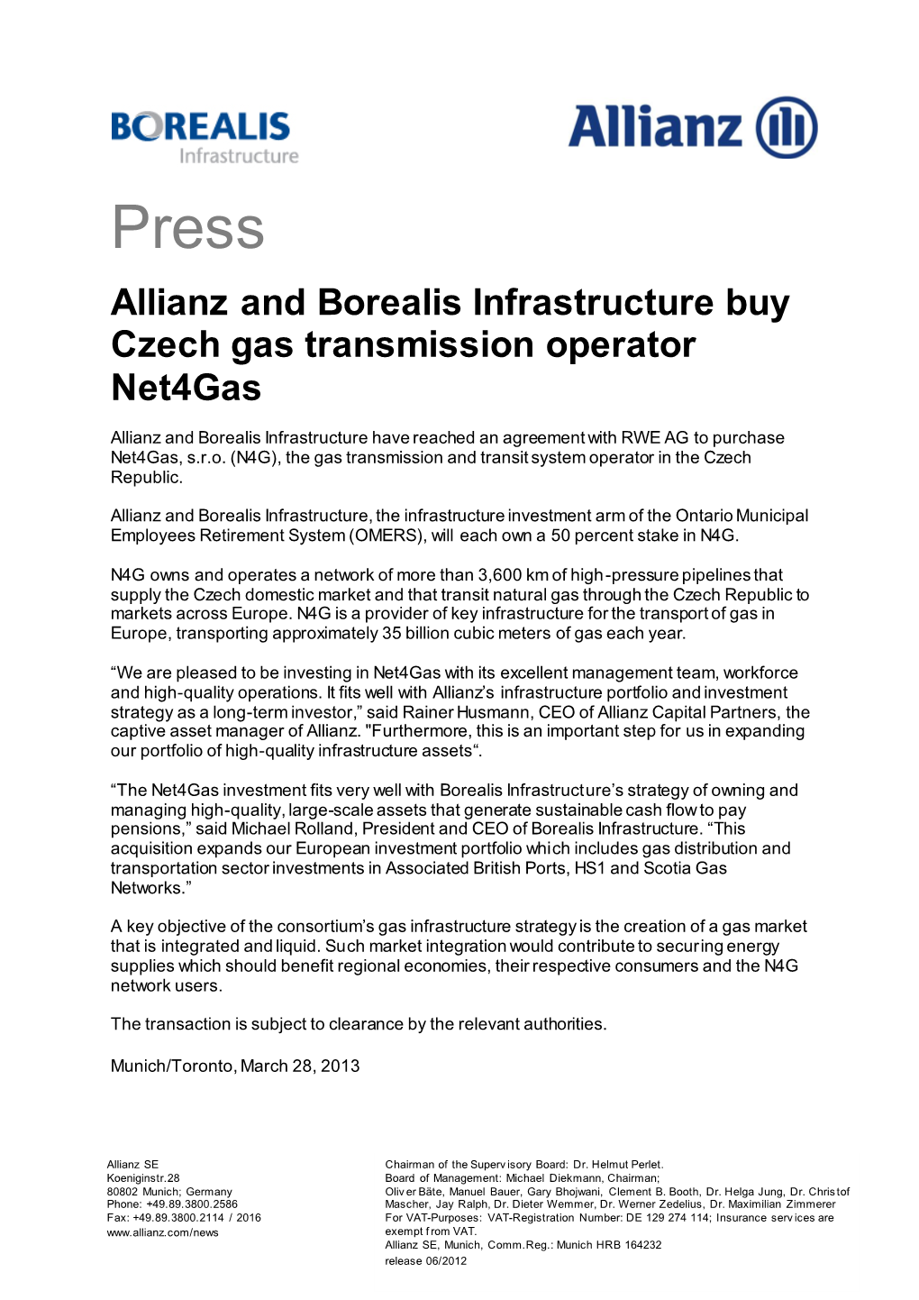 Press Release: "Allianz and Borealis Infrastructure Buy Czech Gas Transmission Operator Net4gas"