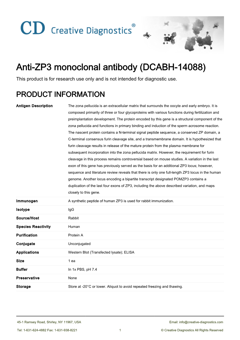 Anti-ZP3 Monoclonal Antibody (DCABH-14088) This Product Is for Research Use Only and Is Not Intended for Diagnostic Use