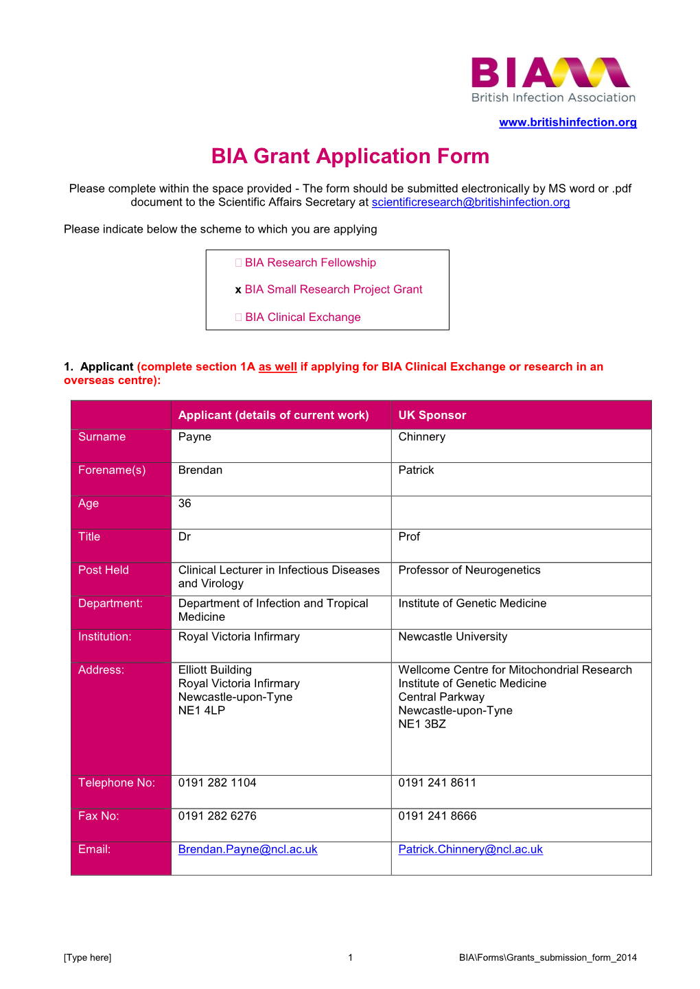 BIA Grant Application Form