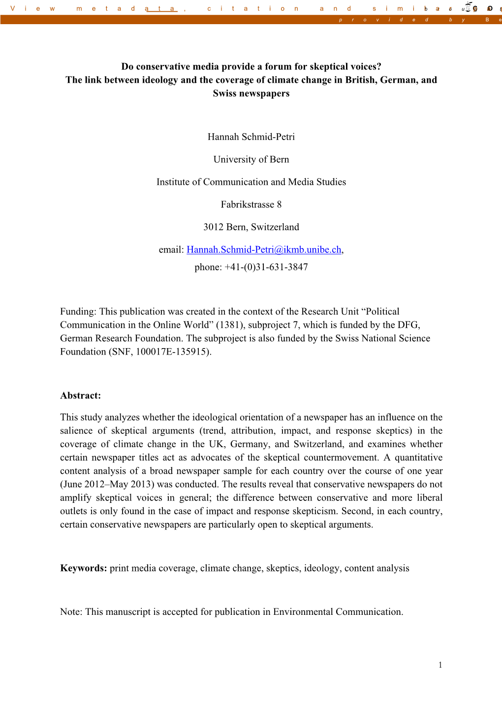 Do Conservative Media Provide a Forum for Skeptical Voices? the Link Between Ideology and the Coverage of Climate Change in British, German, and Swiss Newspapers