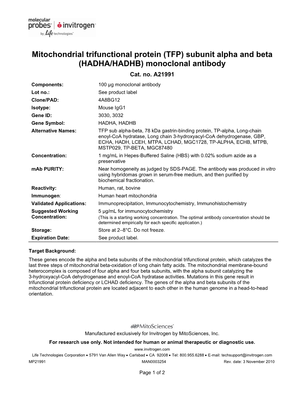 Mitochondrial Trifunctional Protein (TFP) Subunit Alpha and Beta (HADHA/HADHB) Monoclonal Antibody Cat