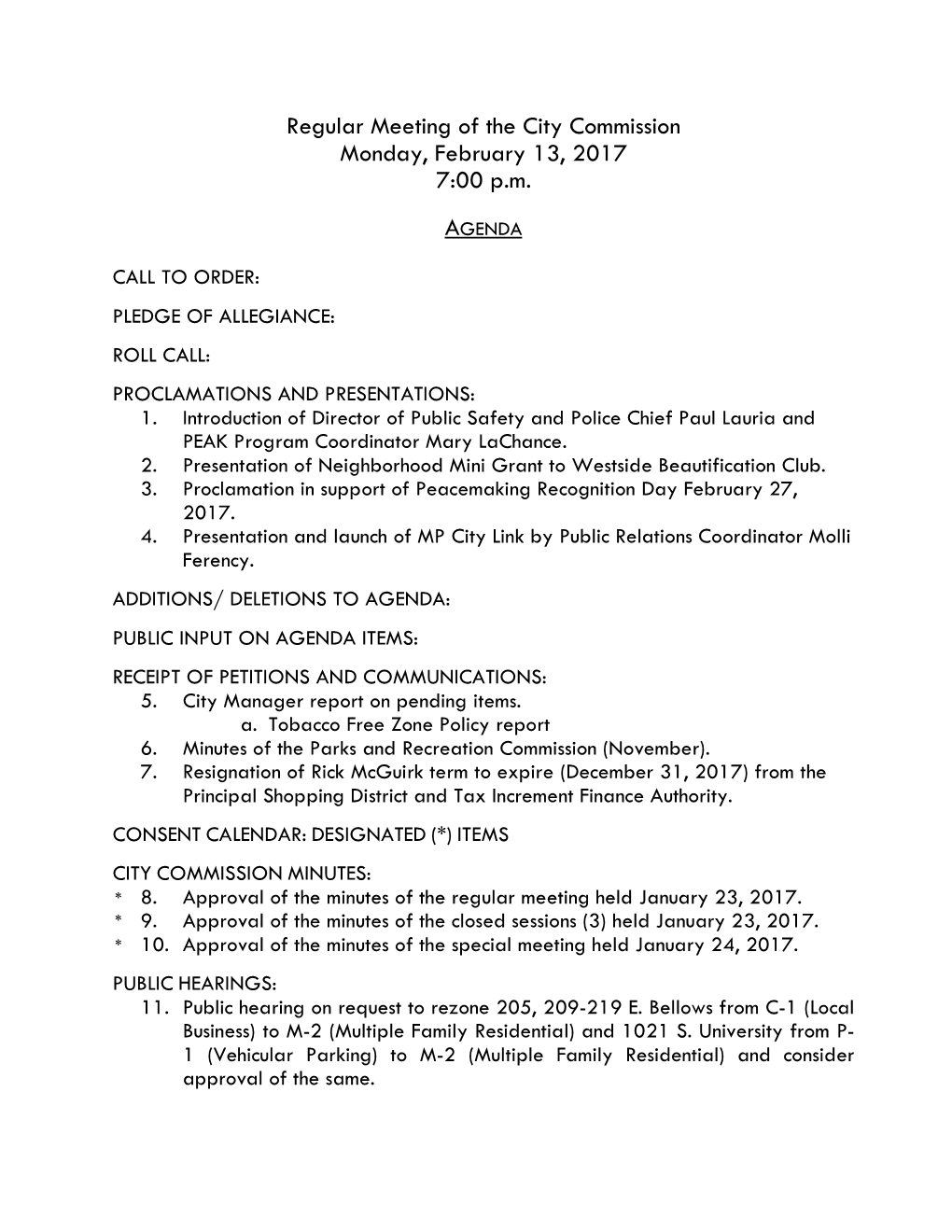 Regular Meeting of the City Commission Monday, February 13, 2017 7:00 P.M