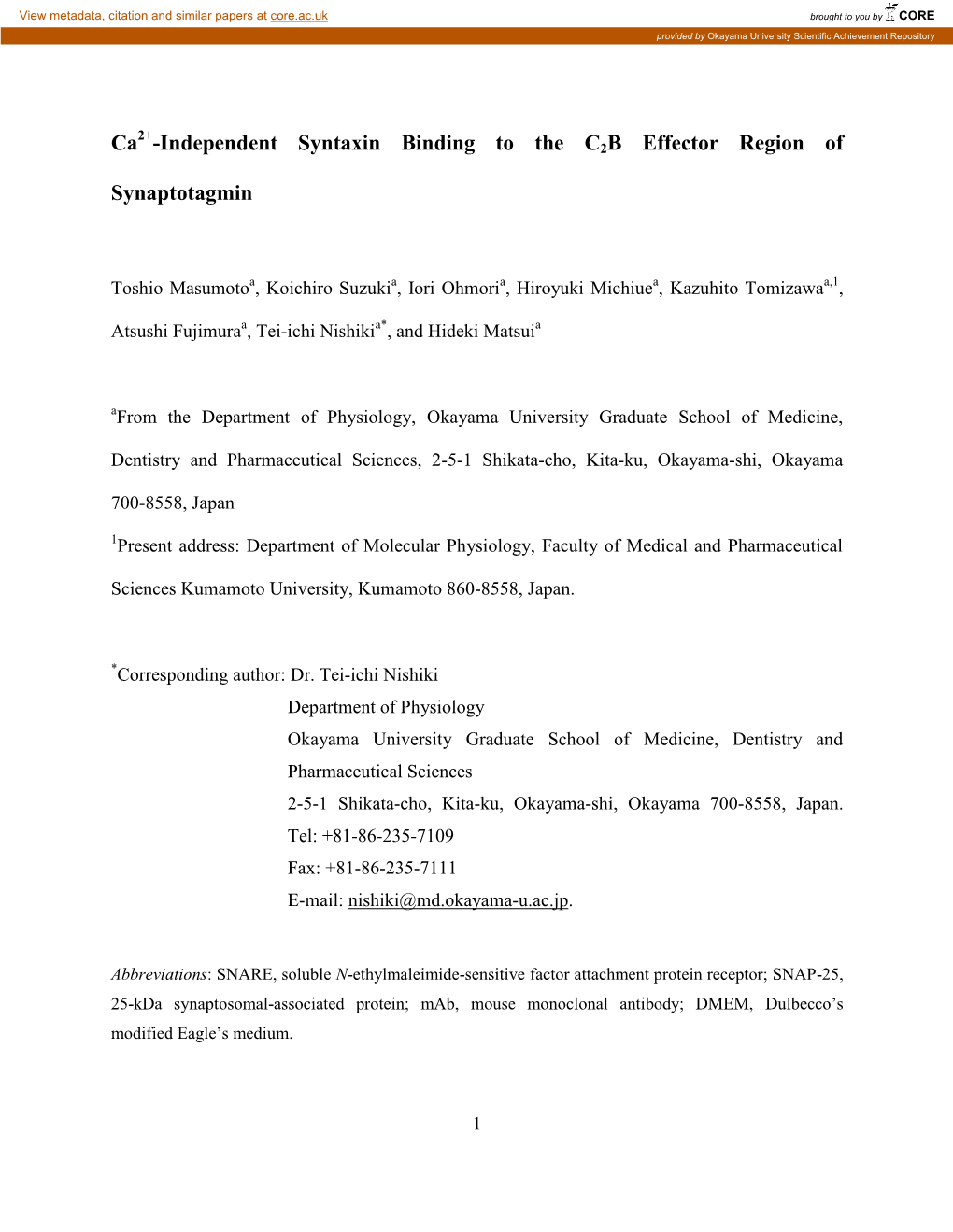 Independent Syntaxin Binding to the C2B Effector Region of Synaptotagmin