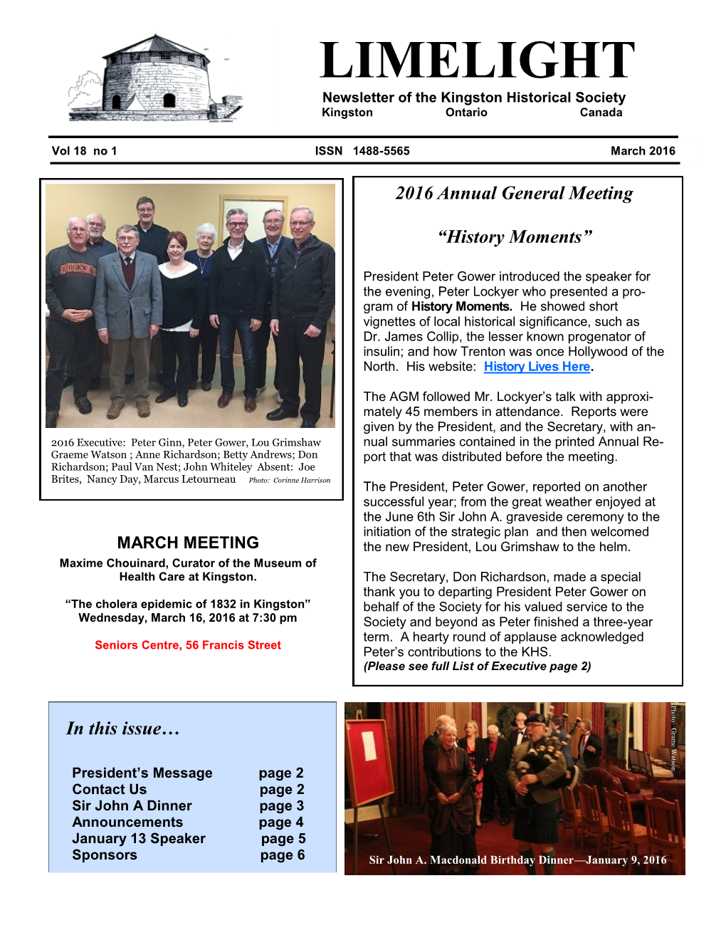 LIMELIGHT Newsletter of the Kingston Historical Society Kingston Ontario Canada