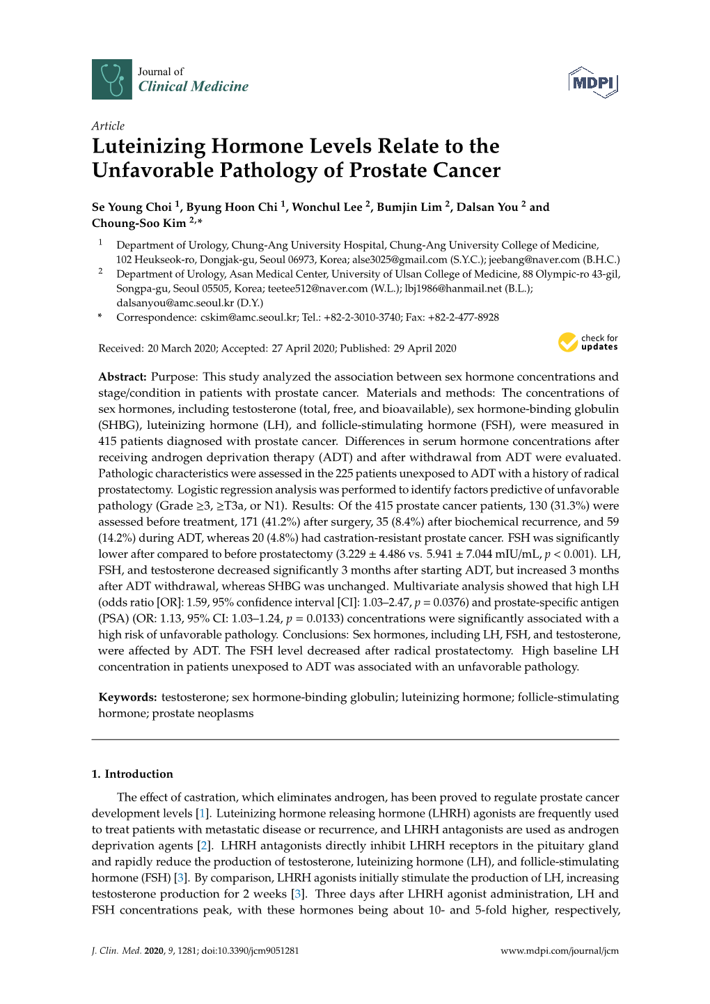 Luteinizing Hormone Levels Relate to the Unfavorable Pathology of Prostate Cancer