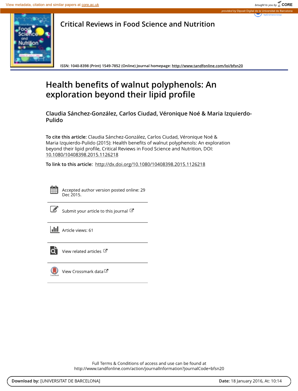 Health Benefits of Walnut Polyphenols: an Exploration Beyond Their Lipid Profile