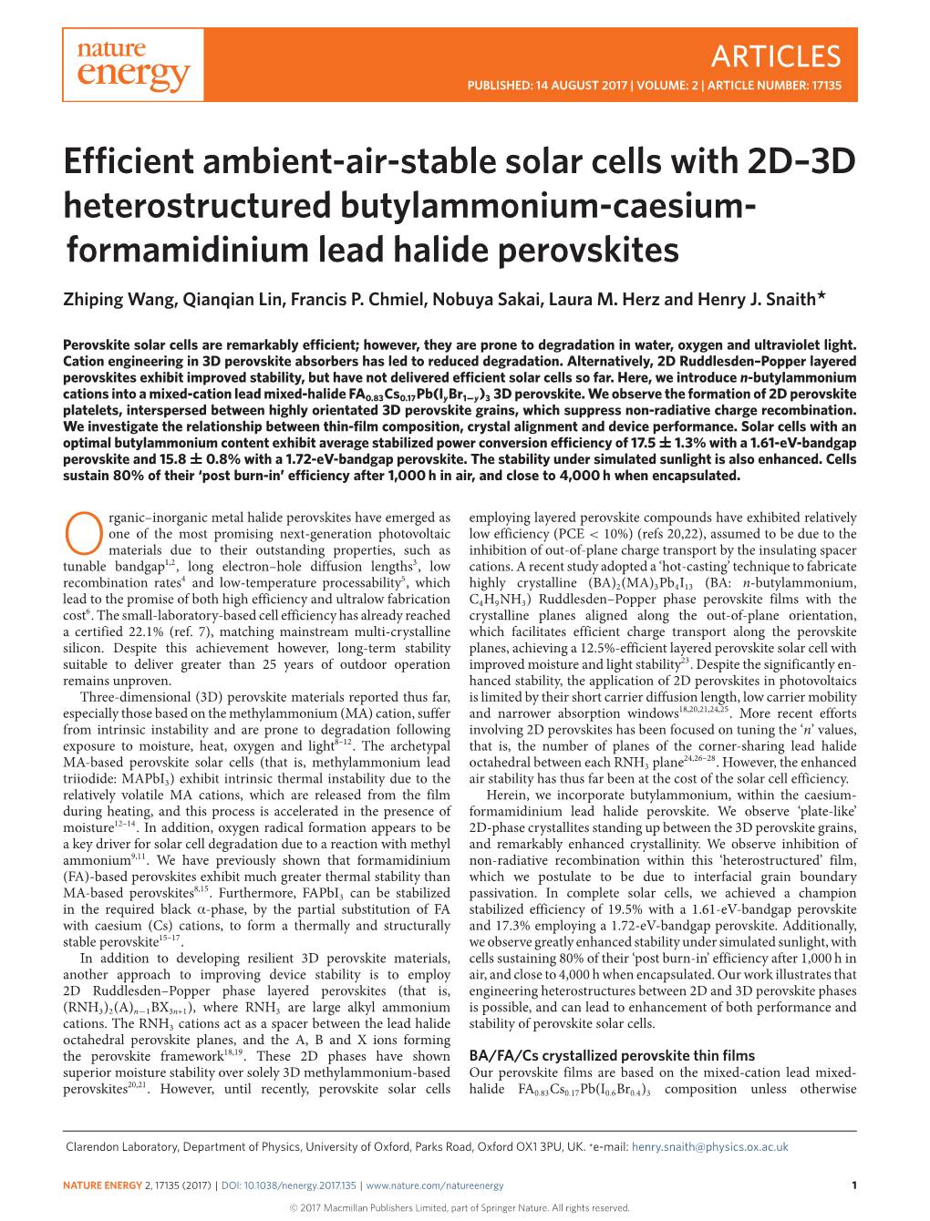 Formamidinium Lead Halide Perovskites Zhiping Wang, Qianqian Lin, Francis P