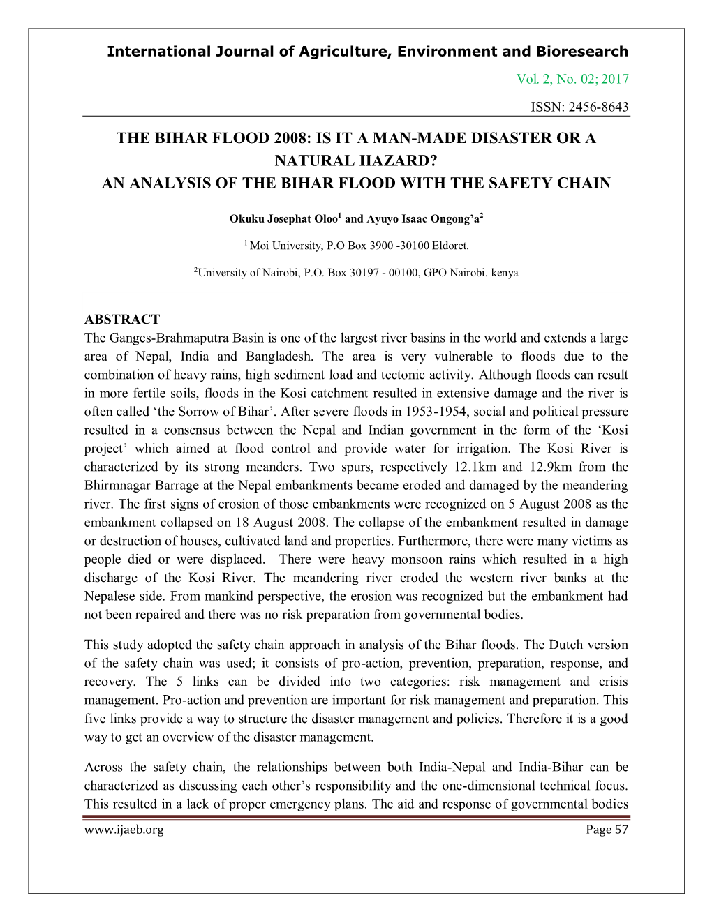 The Bihar Flood 2008: Is It a Man-Made Disaster Or a Natural Hazard? an Analysis of the Bihar Flood with the Safety Chain