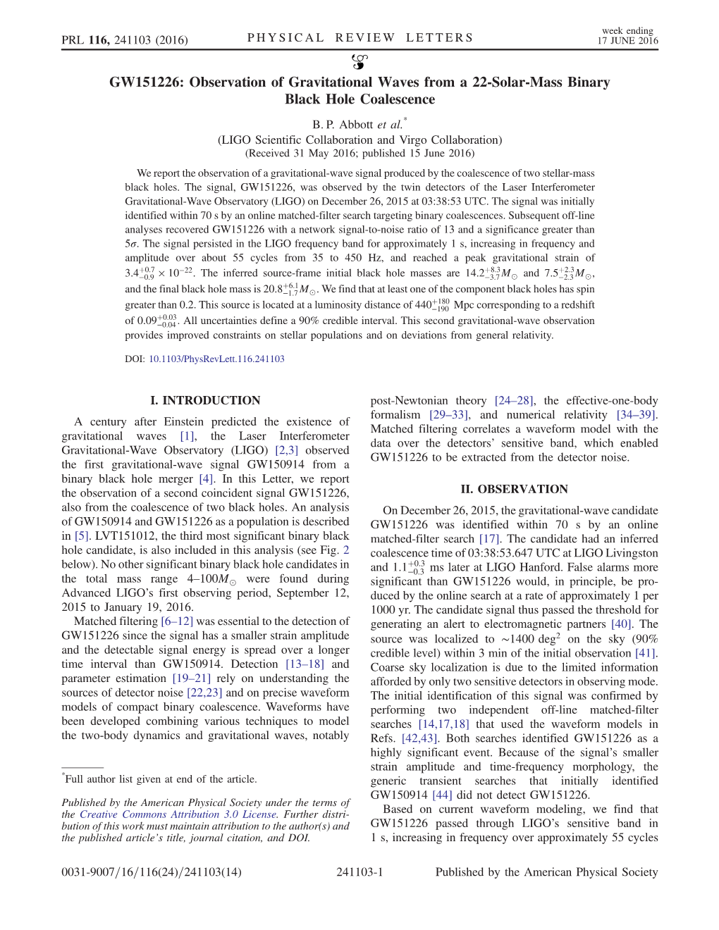 GW151226: Observation of Gravitational Waves from a 22-Solar-Mass Binary Black Hole Coalescence