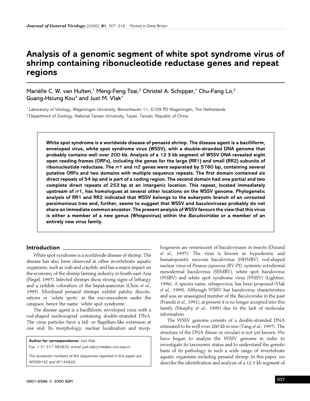 Analysis of a Genomic Segment of White Spot Syndrome Virus of Shrimp Containing Ribonucleotide Reductase Genes and Repeat Regions