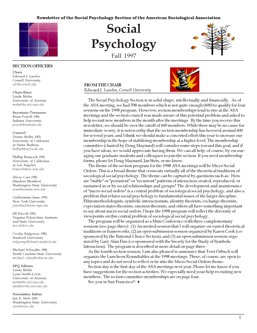 Social Psychology Section of the American Sociological Association Social Psychology Fall 1997