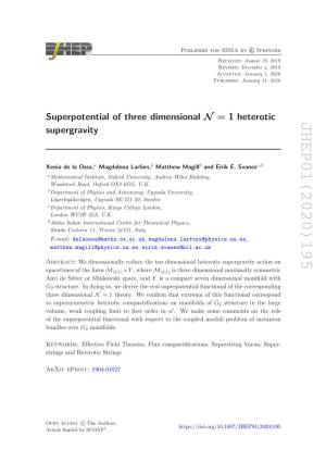 Superpotential of Three Dimensional N $$\Mathcal {N} $$= 1 Heterotic