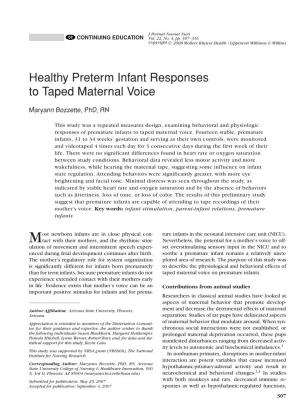 Healthy Preterm Infant Responses to Taped Maternal Voice