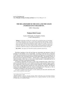 RELATIONSHIP of the SOUL and the LOGOS in HERACLITUS' FRAGMENTS UDC 1 Heraclitus