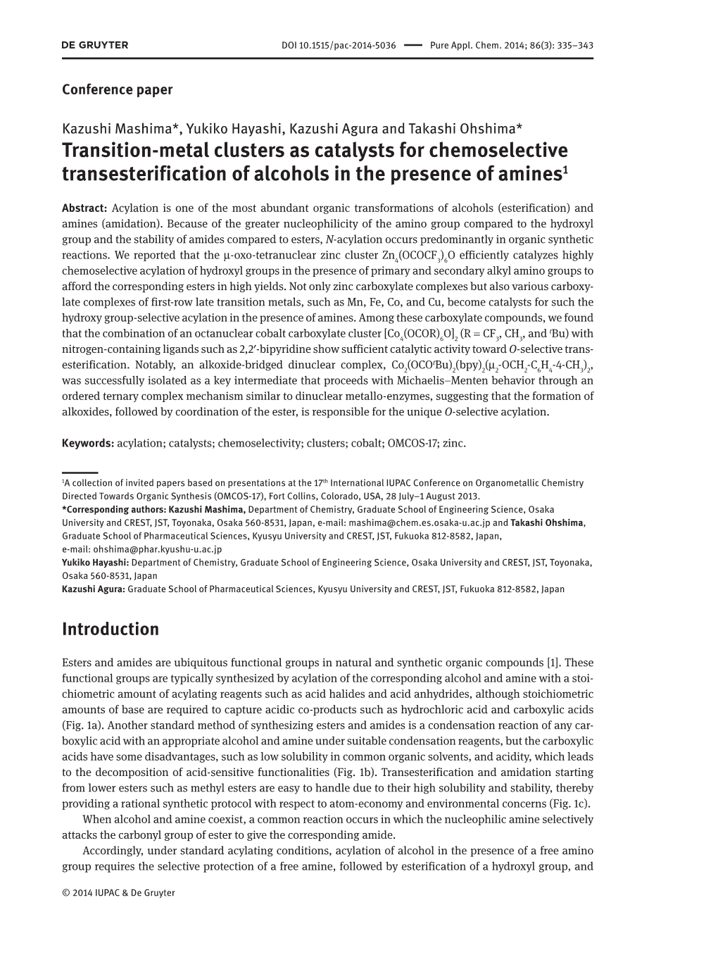 Transition-Metal Clusters As Catalysts for Chemoselective Transesterification of Alcohols in the Presence of Amines1