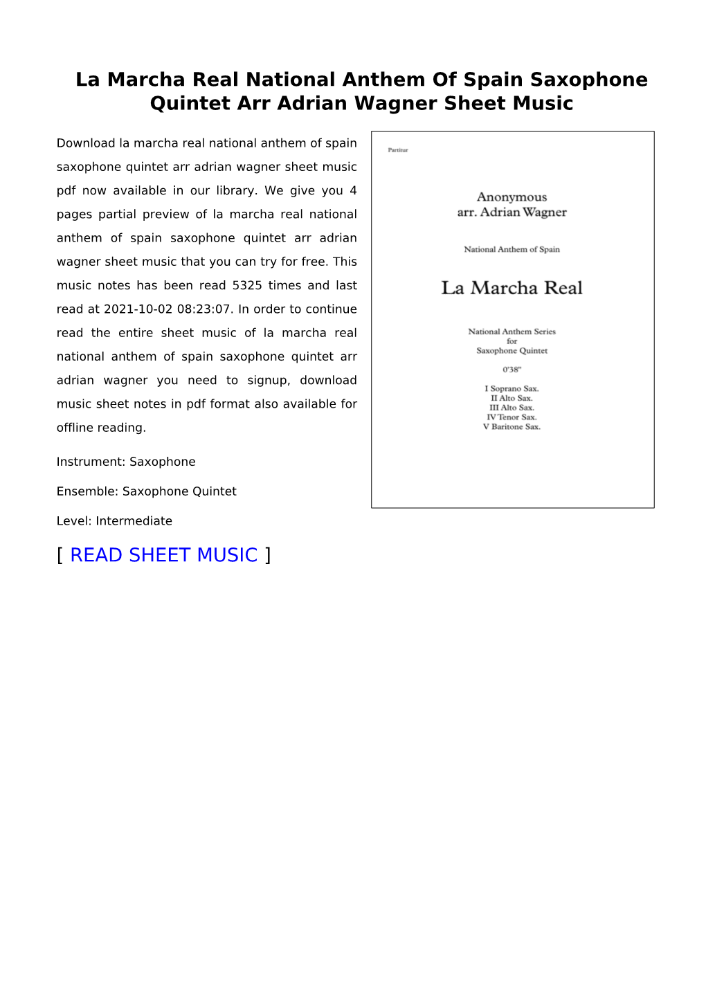 La Marcha Real National Anthem of Spain Saxophone Quintet Arr Adrian Wagner Sheet Music