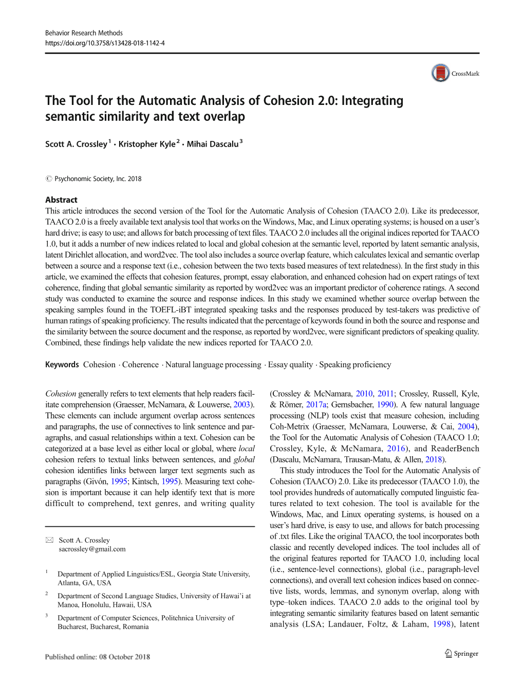 The Tool for the Automatic Analysis of Cohesion 2.0: Integrating Semantic Similarity and Text Overlap