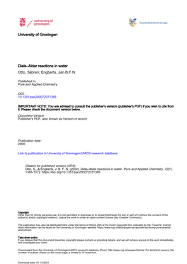 University of Groningen Diels–Alder Reactions in Water Otto, Sijbren