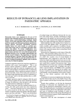 Result S of Intraocular Lens Implantation in Paediatric Aphakia