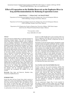 Effect of Evaporation on the Haditha Reservoir on the Euphrates River in Iraq and Recommendations for Reducing Evaporation Losses