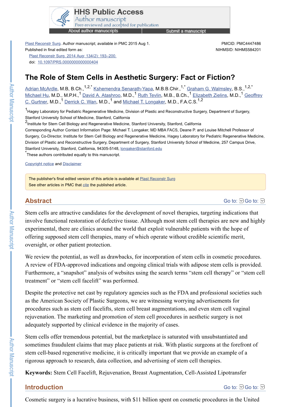 The Role of Stem Cells in Aesthetic Surgery: Fact Or Fiction?