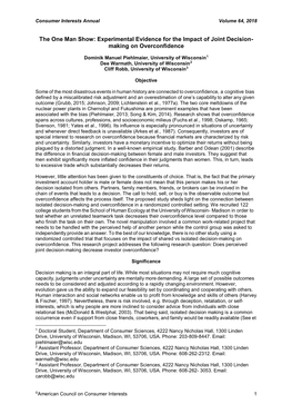 The One Man Show: Experimental Evidence for the Impact of Joint Decision- Making on Overconfidence