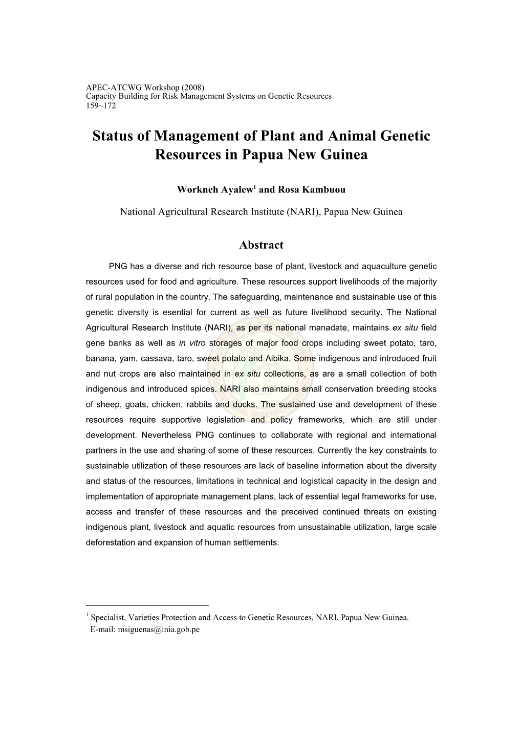 Status of Management of Plant and Animal Genetic Resources in Papua New Guinea