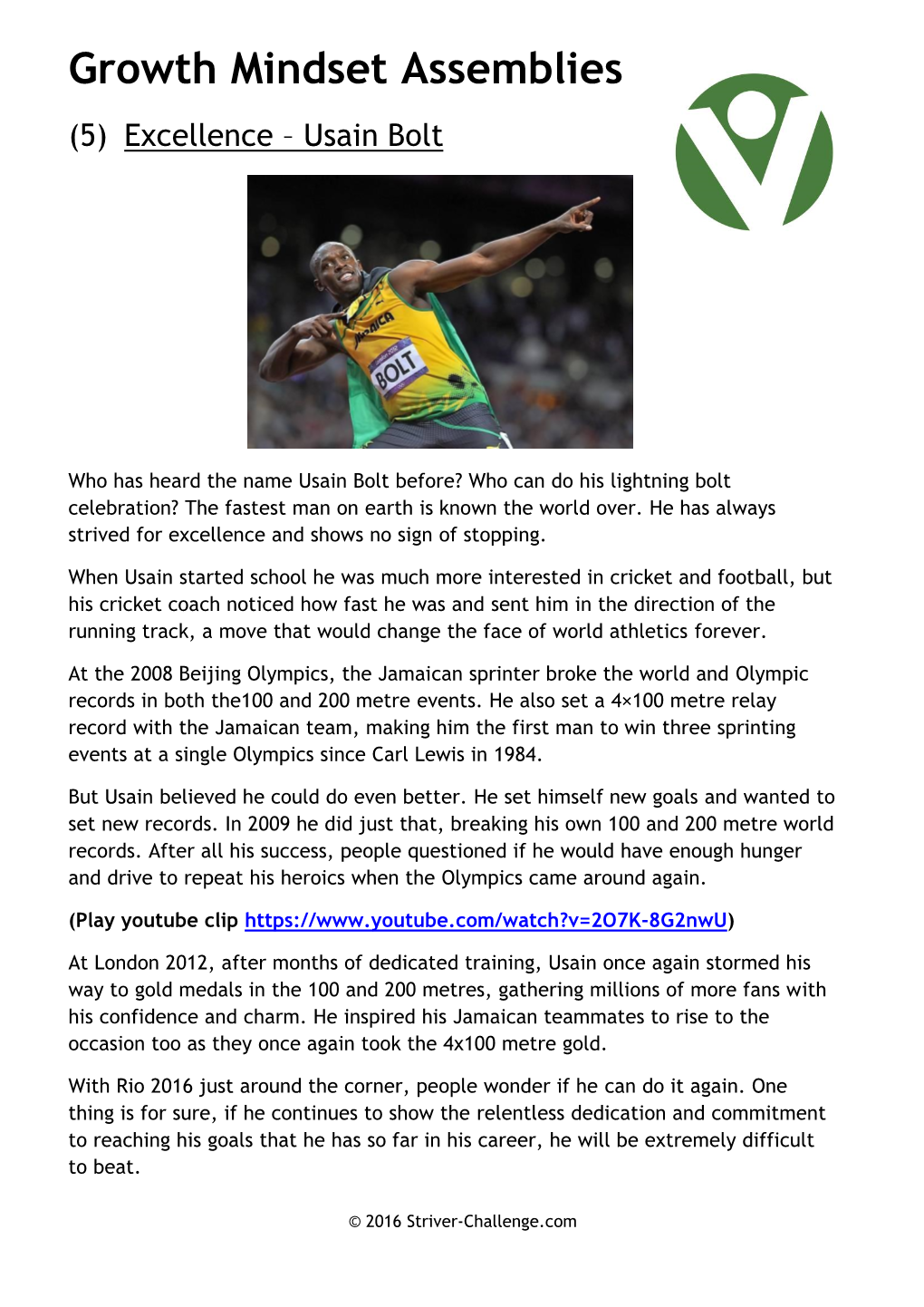 Growth Mindset Assemblies (5) Excellence – Usain Bolt