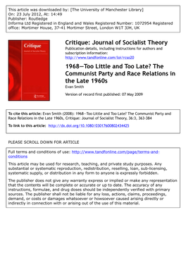 The Communist Party and Race Relations in the Late 1960S Evan Smith Version of Record First Published: 07 May 2009