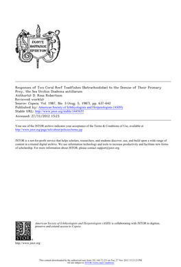 Responses of Two Coral Reef Toadfishes (Batrachoididae) to the Demise of Their Primary Prey, the Sea Urchin Diadema Antillarum Author(S): D