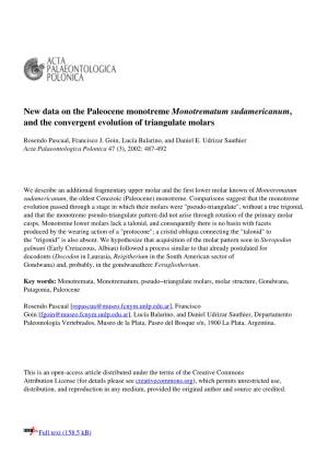 New Data on the Paleocene Monotreme Monotrematum Sudamericanum, and the Convergent Evolution of Triangulate Molars