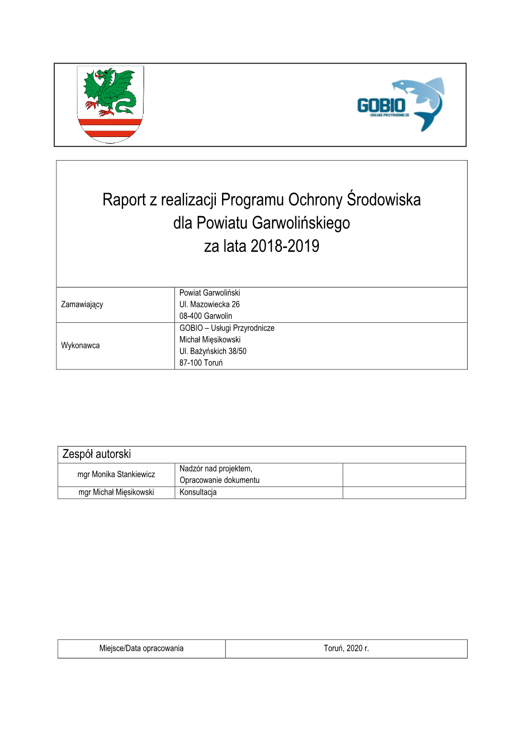 Raport Z Realizacji Programu Ochrony Środowiska Dla Powiatu Garwolińskiego Za Lata 2018-2019