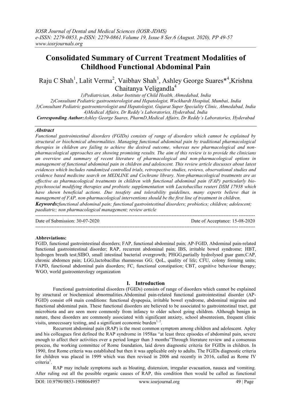 Consolidated Summary of Current Treatment Modalities of Childhood Functional Abdominal Pain