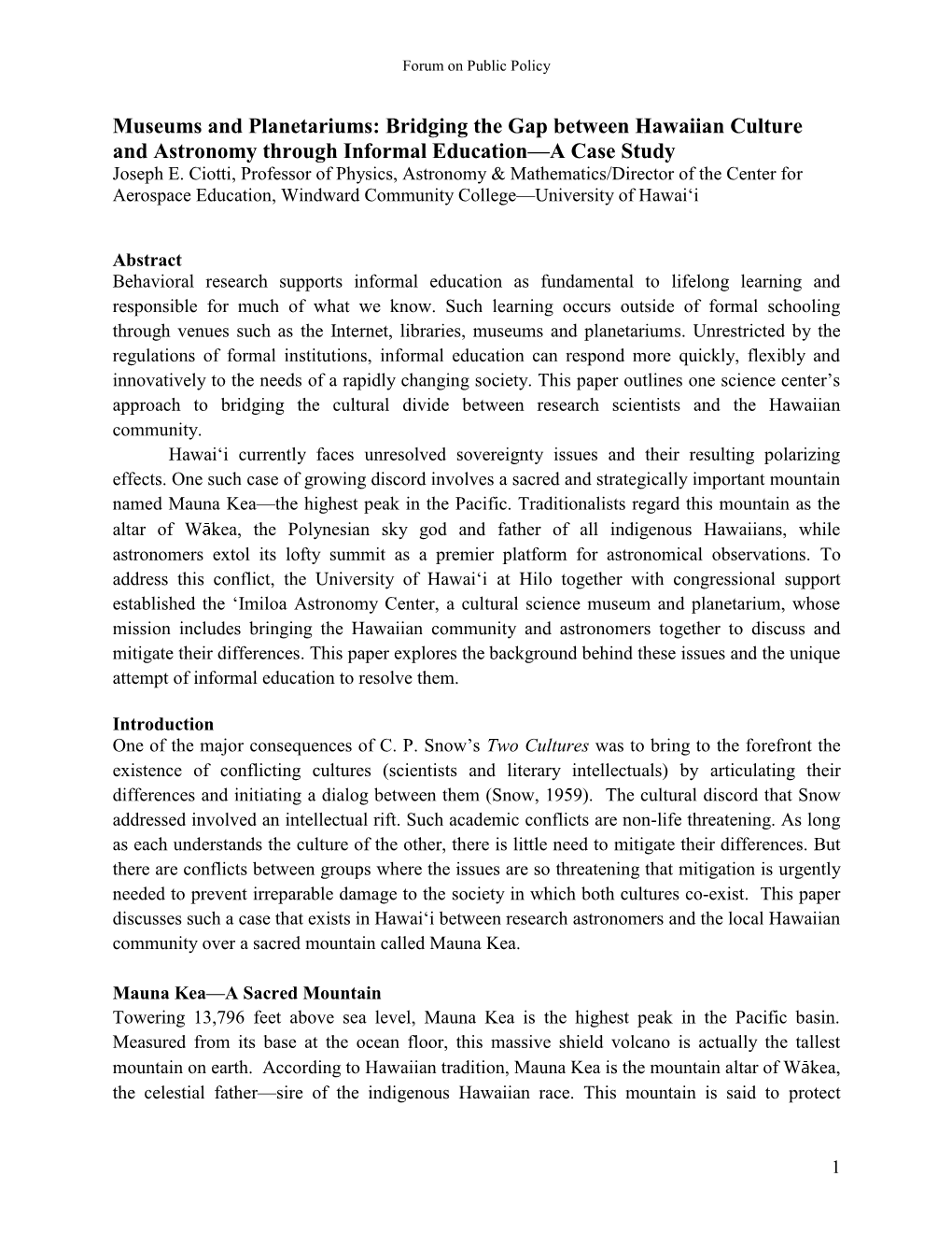 Museums and Planetariums: Bridging the Gap Between Hawaiian Culture and Astronomy Through Informal Education—A Case Study Joseph E