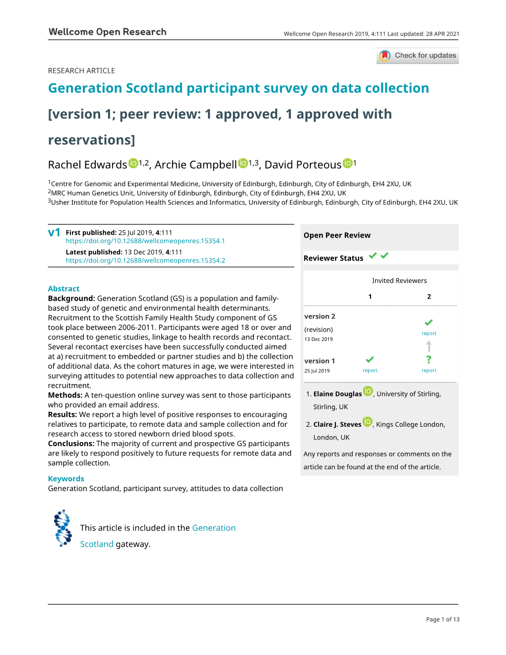 Generation Scotland Participant Survey on Data Collection [Version 1; Peer Review: 1 Approved, 1 Approved with Reservations]