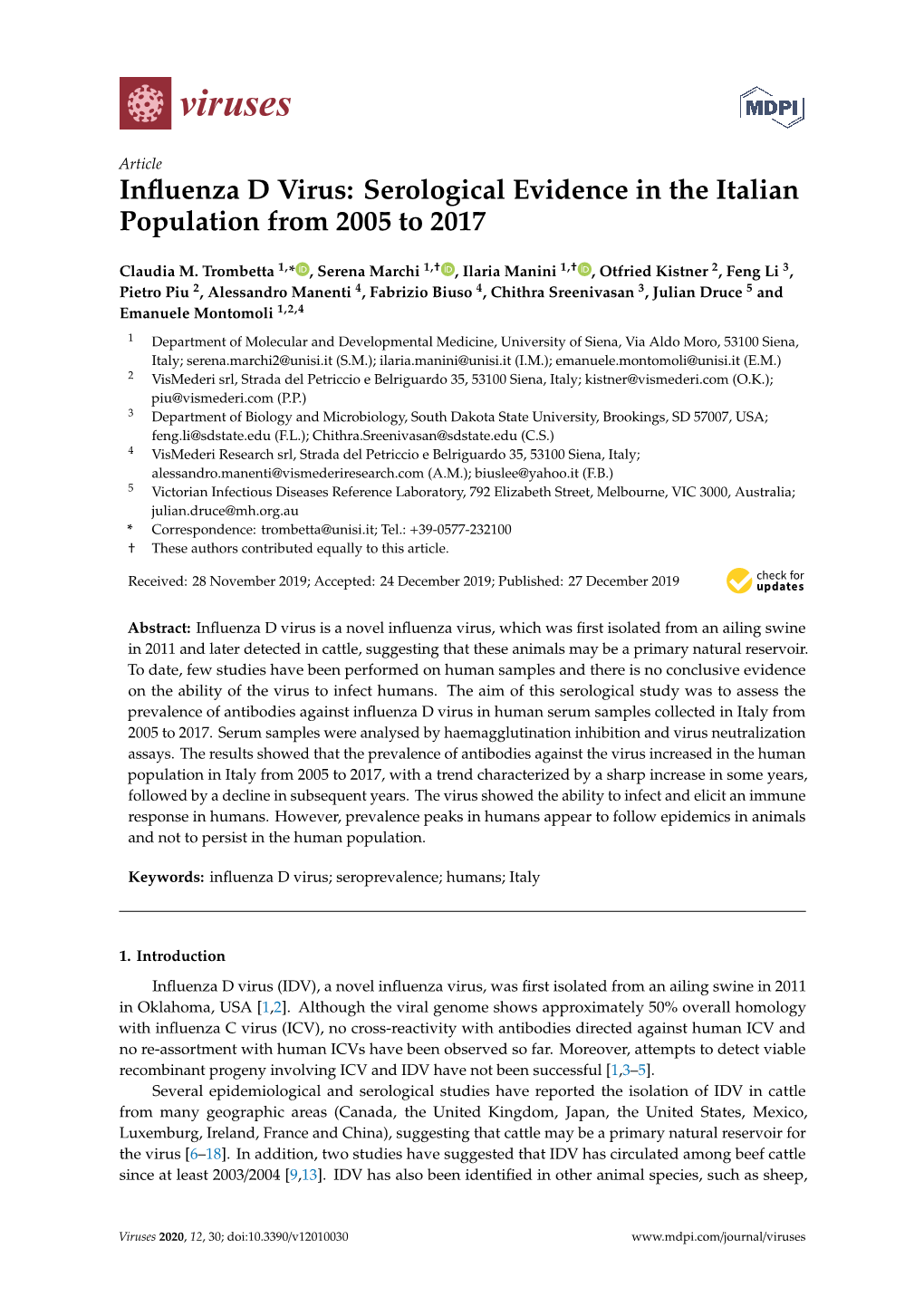 Influenza D Virus: Serological Evidence in the Italian Population