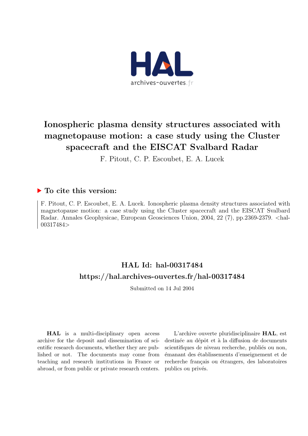 Ionospheric Plasma Density Structures Associated with Magnetopause Motion: a Case Study Using the Cluster Spacecraft and the EISCAT Svalbard Radar F