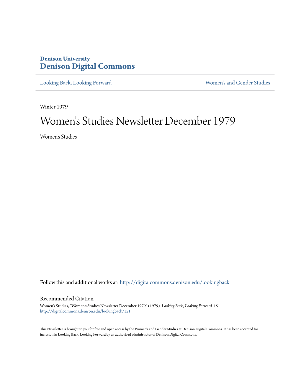 Women's Studies Newsletter December 1979 Women's Studies