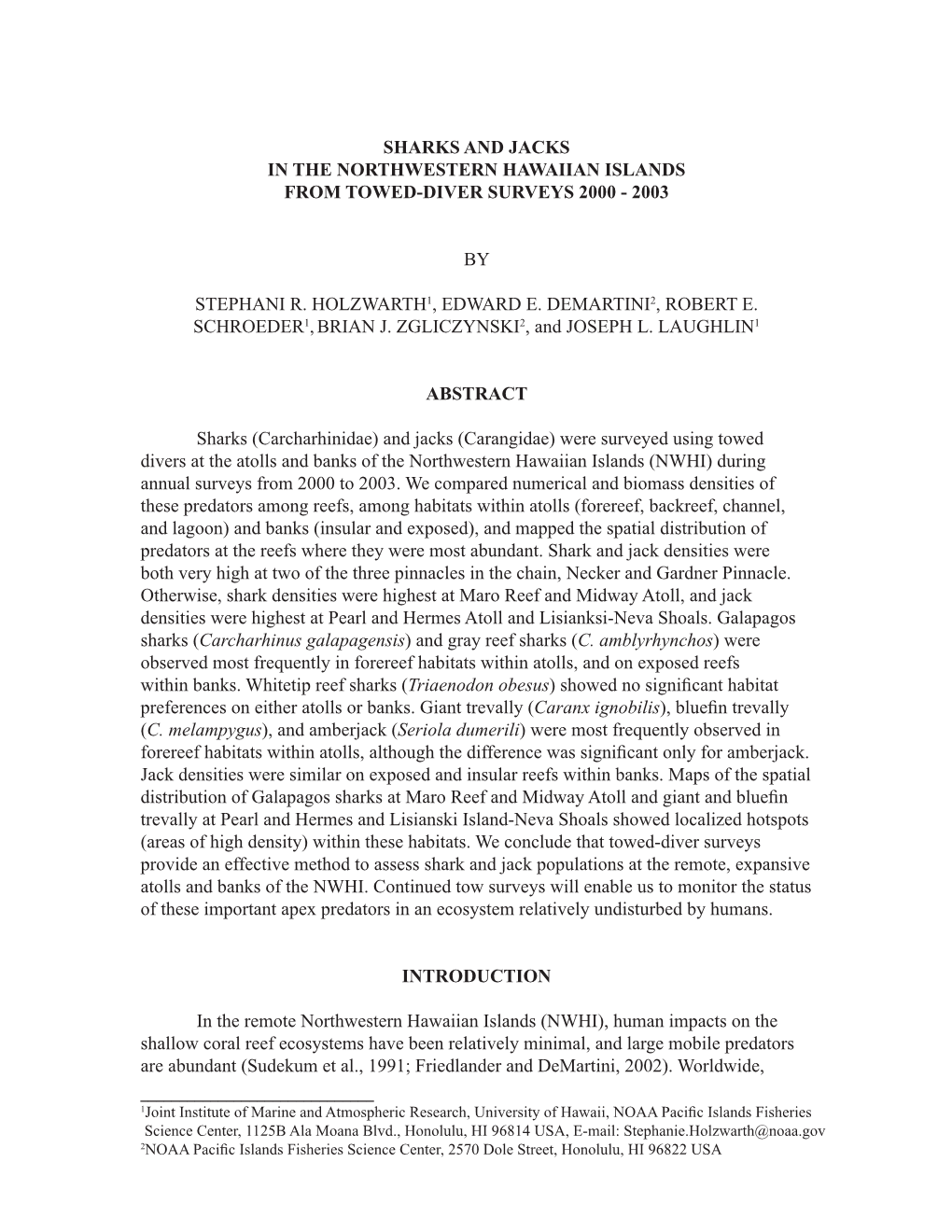 Sharks and Jacks in the Northwestern Hawaiian Islands from Towed-Diver Surveys 2000 - 2003