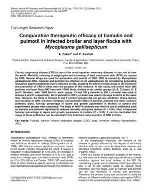 Comparative Therapeutic Efficacy of Tiamulin and Pulmotil in Infected Broiler and Layer Flocks with Mycoplasma Gallisepticum