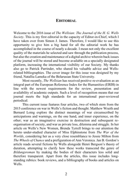 The Journal of the HG Wells Society. This Is My First Editorial in the C