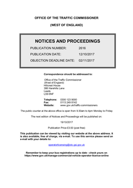 Notices and Proceedings 2616: Office of the Traffic Commissioner, West Of