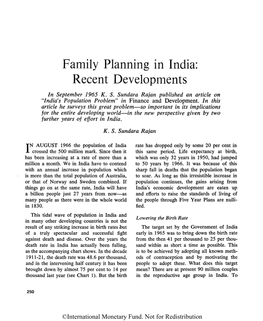 Family Planning in India: Recent Developments in September 1965 K